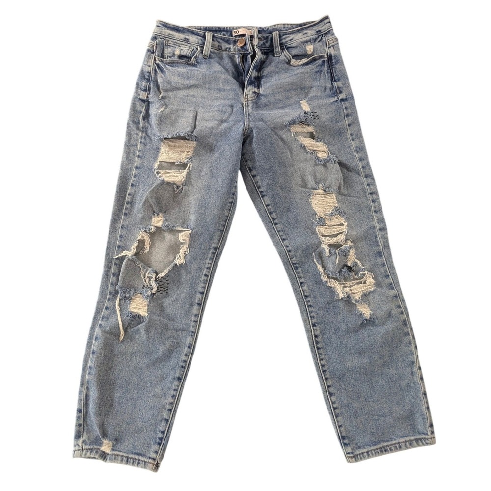 SO High Rise‎ Mom Jeans Light Wash Distressed Denim Size 9/29W Streetwear Y2K